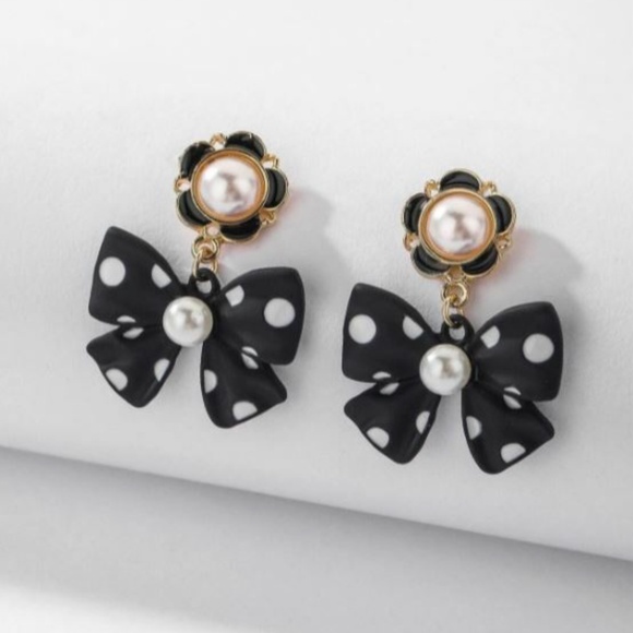 Black Polka Dot Bow Earrings – Faux Pearl Flower & Drop Bow - Picture 2 of 2